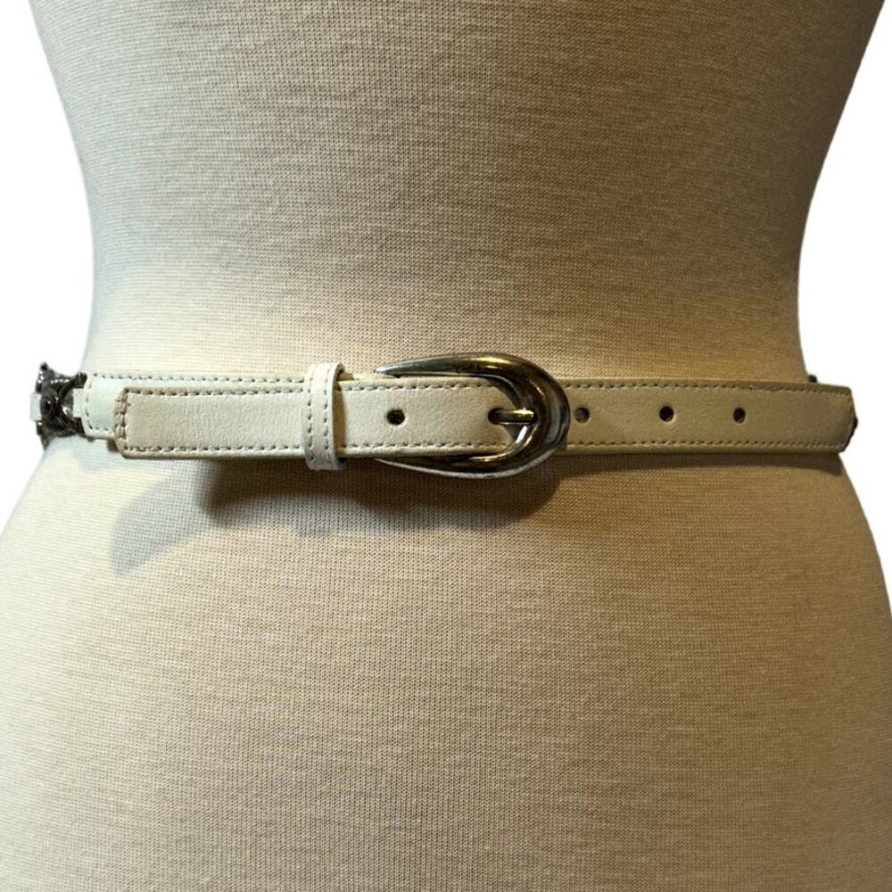 Genuine Vintage Leather Small Medium White Silver Tone Western Concho 34" Belt
